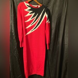 Elegant 1980s Red Black White Graphic Long Sleeve Sweater Dress